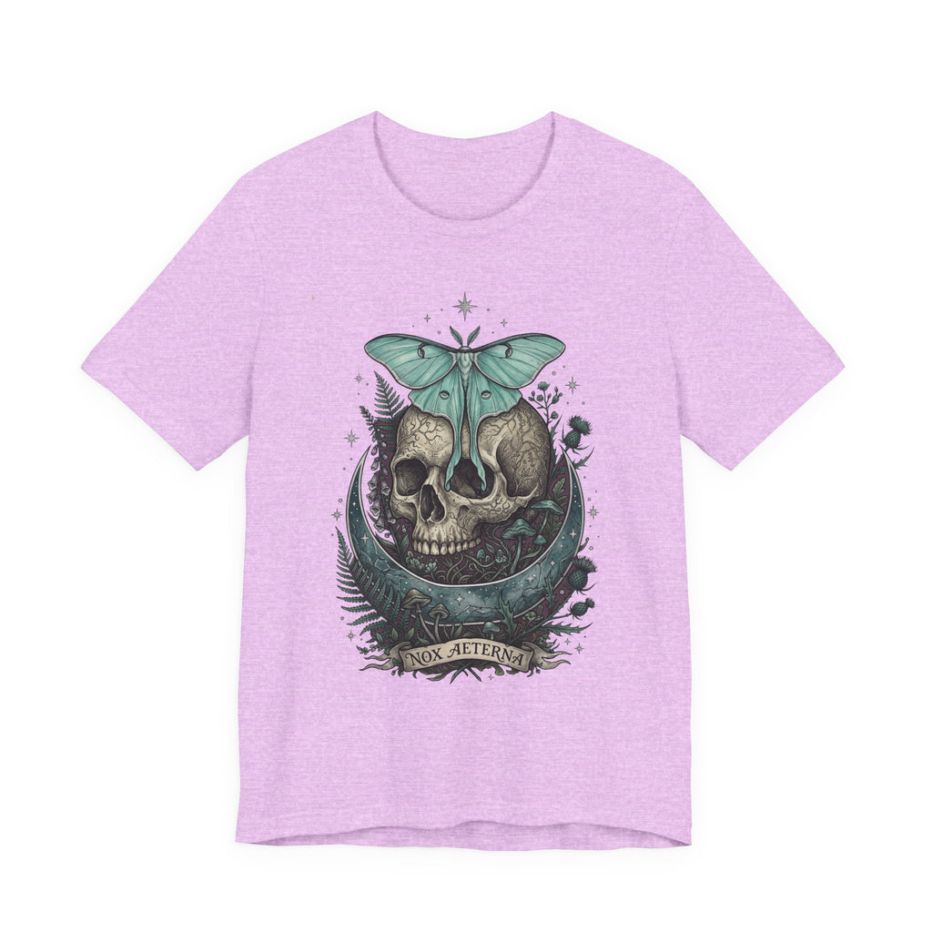 Heather lilac unisex T-shirt with teal moth-and-skull graphic on chest