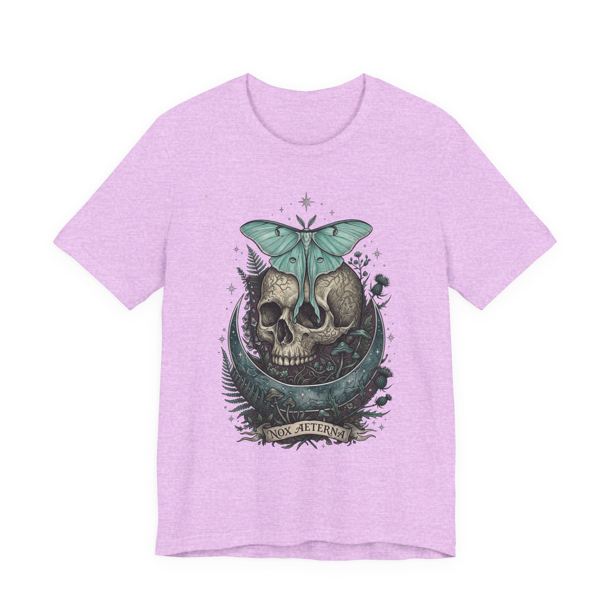 Heather lilac unisex T-shirt with teal moth-and-skull graphic on chest
