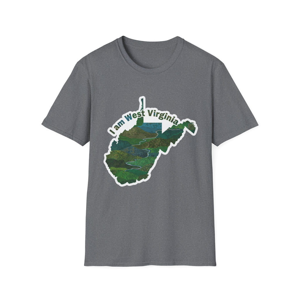 Graphite Heather T-shirt with West Virginia map graphic and 'I am West Virginia' text