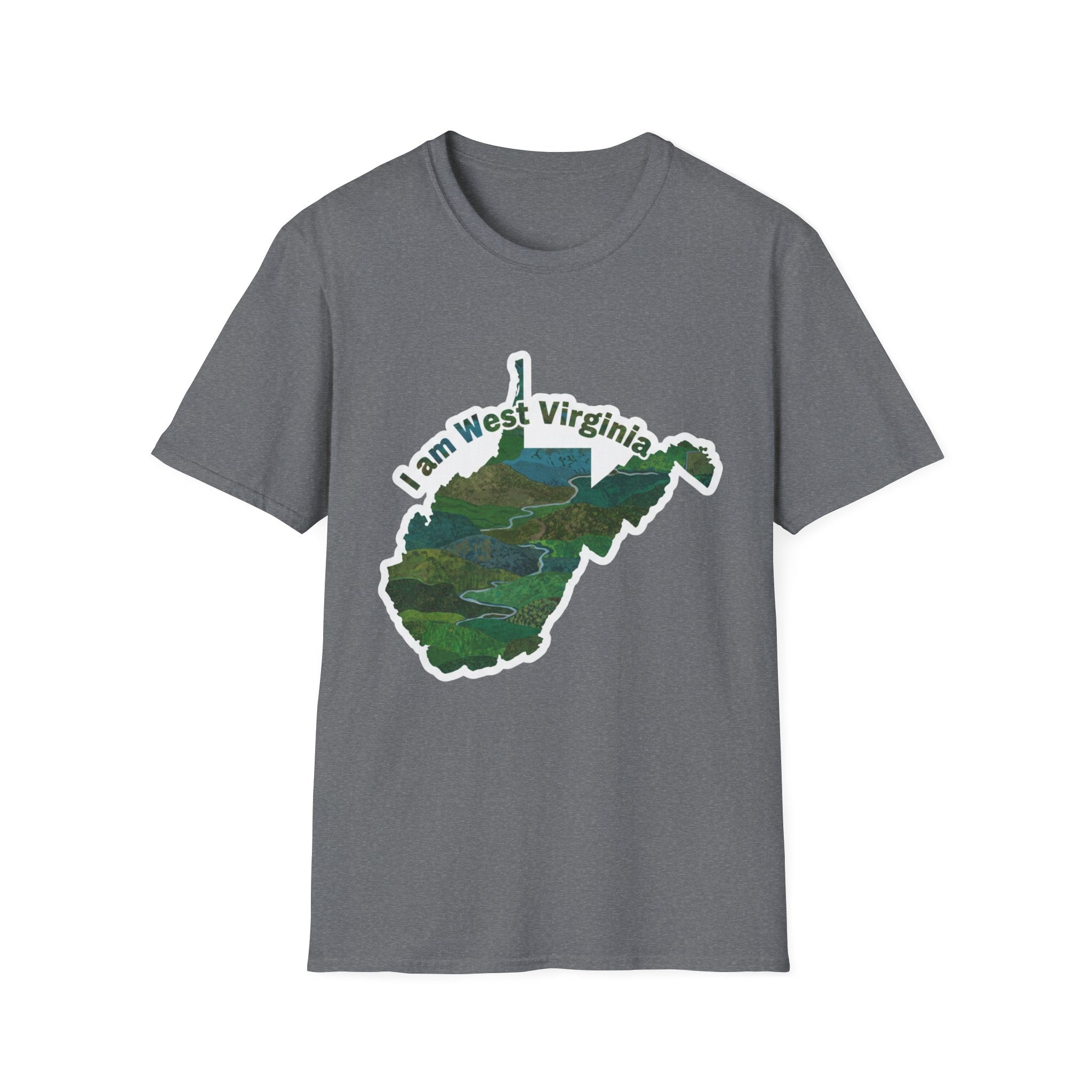 Graphite Heather T-shirt with West Virginia map graphic and 'I am West Virginia' text