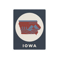 Dark blue metal wall sign with Iowa emblem, red state silhouette, and 'IOWA' text