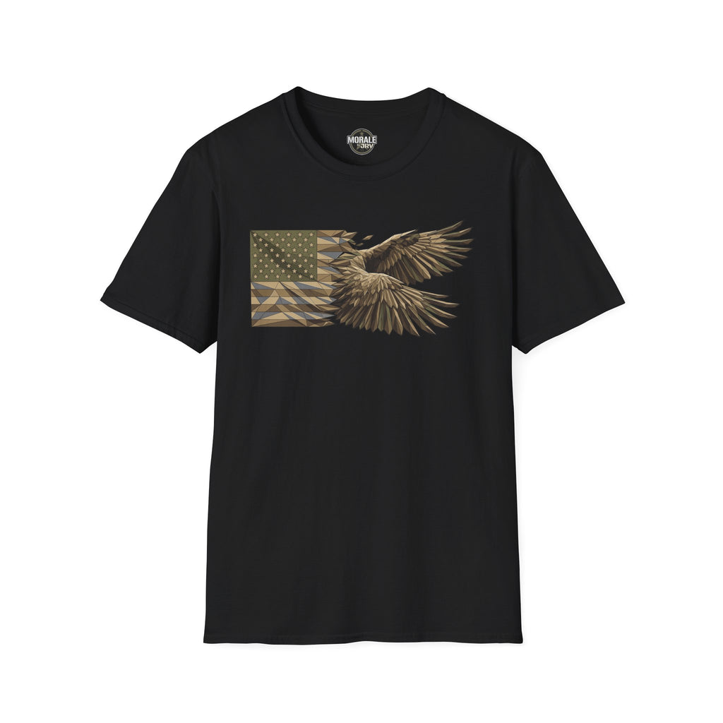 Black crew-neck T-shirt front with eagle and flag graphic