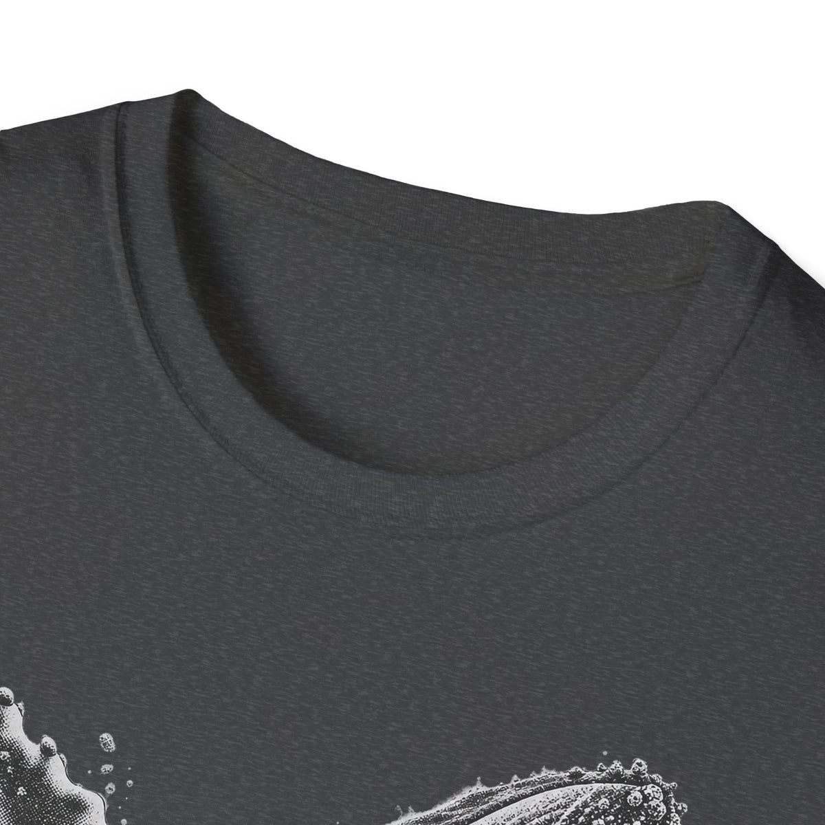 Dark heather T-shirt with white whale breaching splash graphic near bottom.