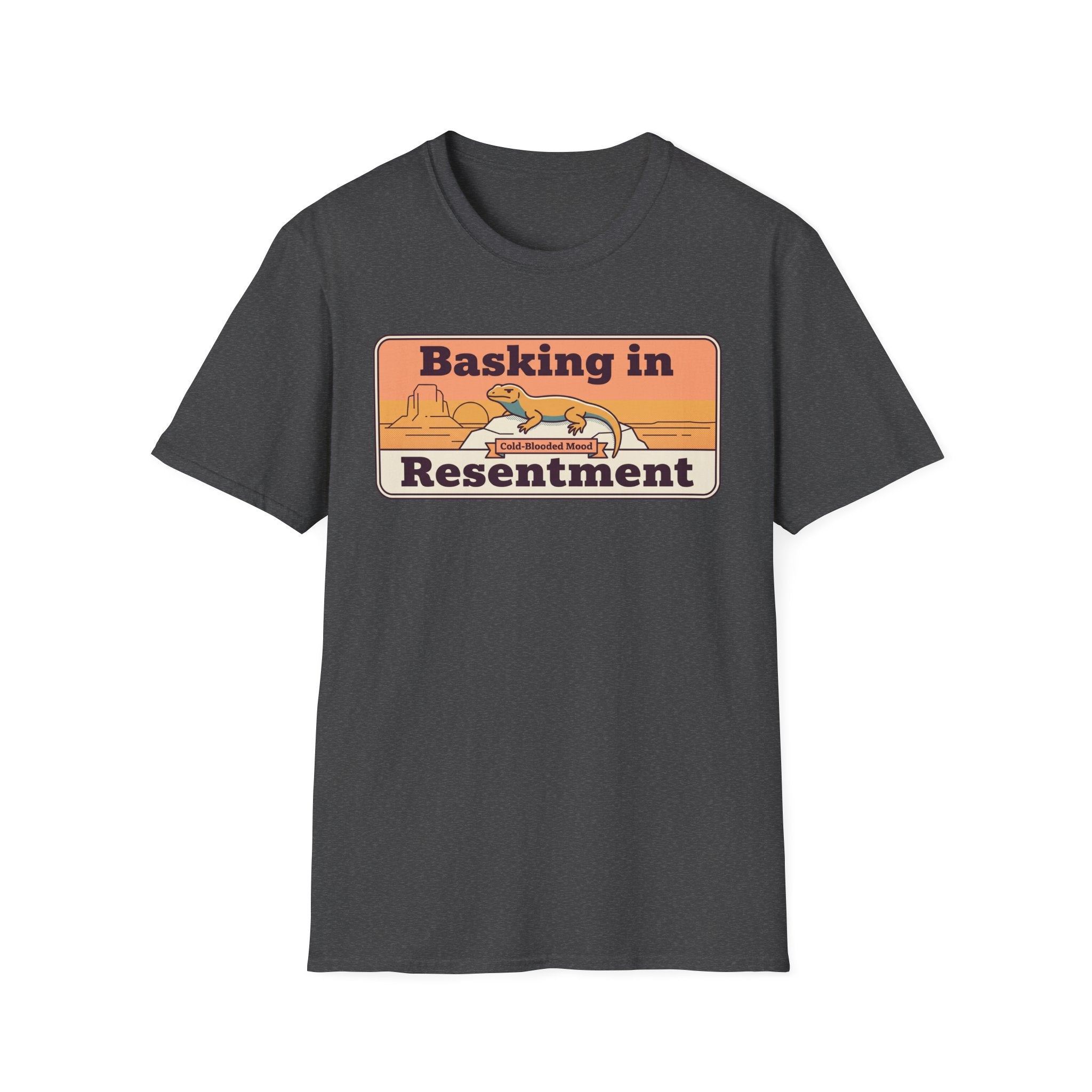 Dark gray graphic lizard T-shirt with desert scene text label