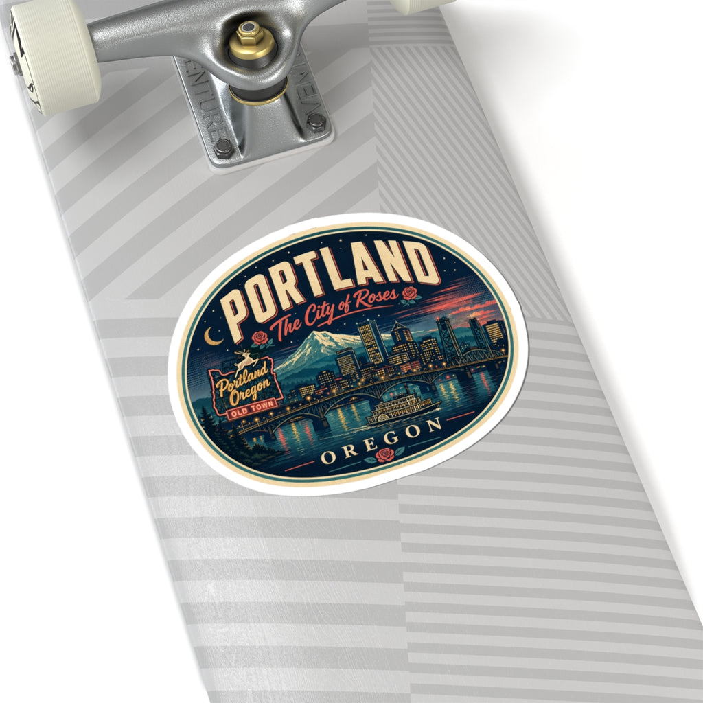 Round Portland Oregon luggage tag sticker on a gray suitcase with “OREGON” text