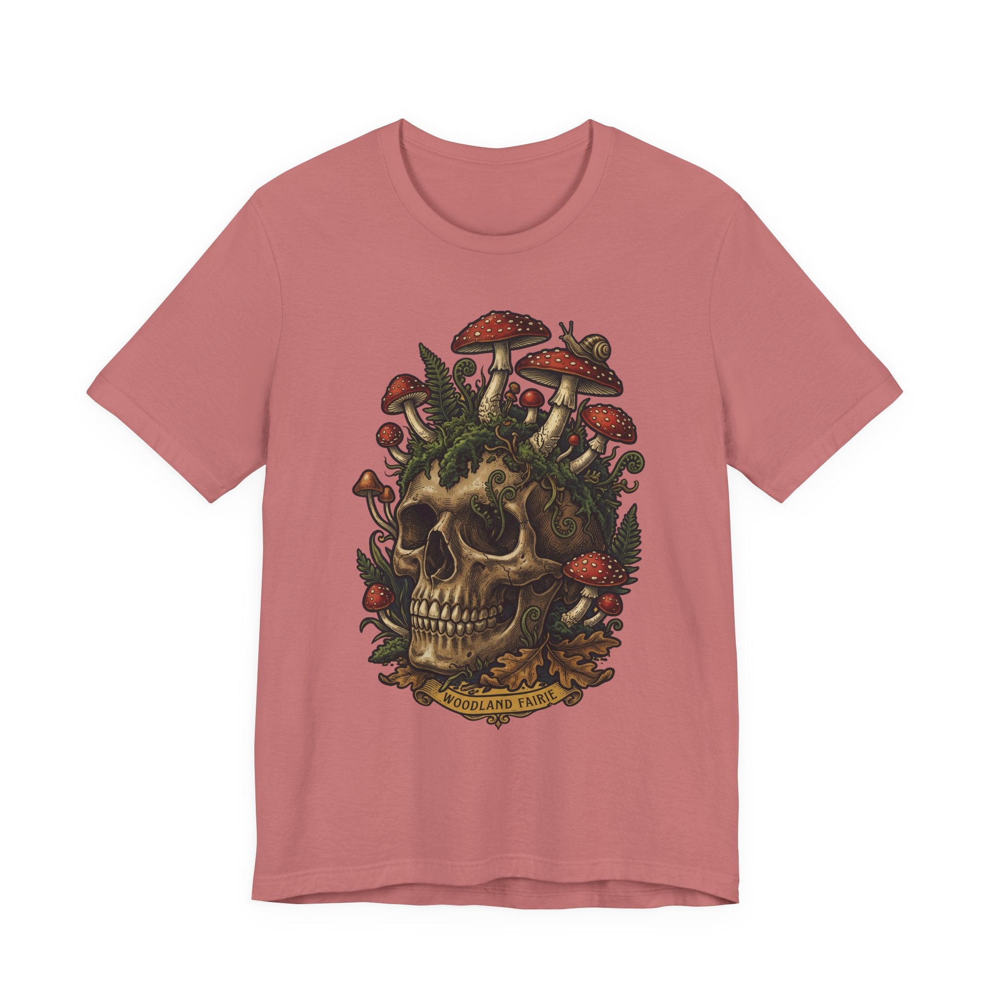 Mushroom skull T-shirt in Pink with dark botanical skull and mushroom graphic