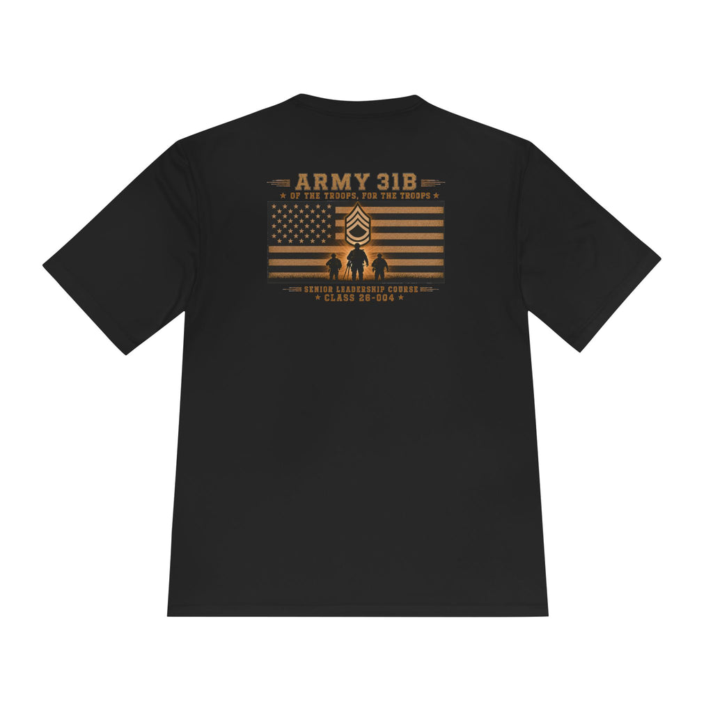 Black T-shirt with Army 31B flag-style back graphic