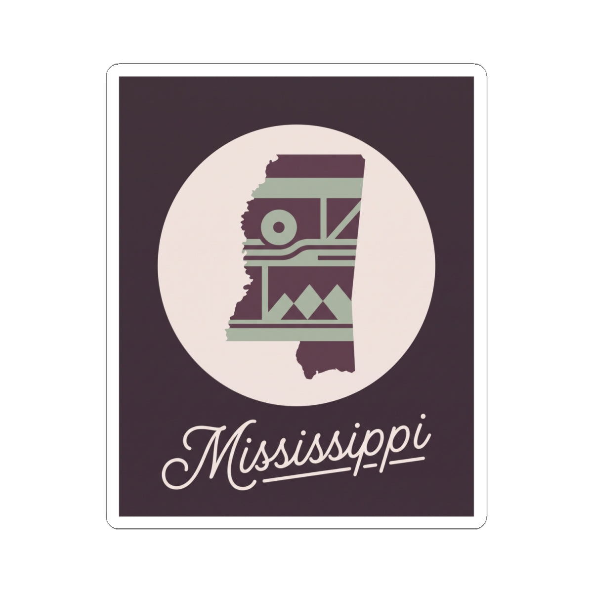 Mississippi kiss-cut state sticker decal featuring circular emblem, purple background, and cursive text