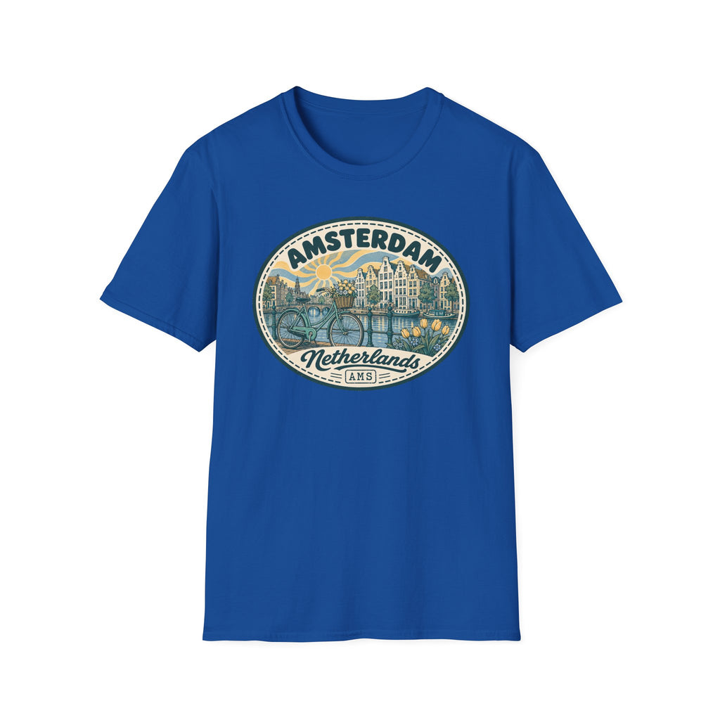 Amsterdam Vintage Cityscape T-Shirt | Netherlands Bicycle Canal Tulips