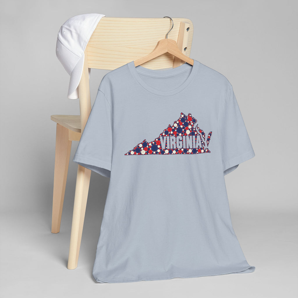 Light blue crew-neck t-shirt with dotted Virginia graphic on the front.