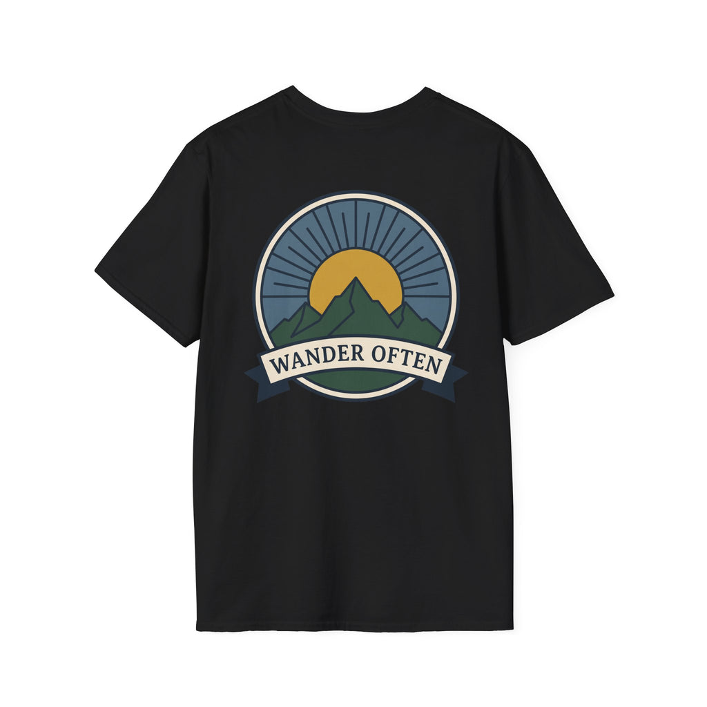 Black unisex T-shirt with Wander Often mountain badge graphic on chest.