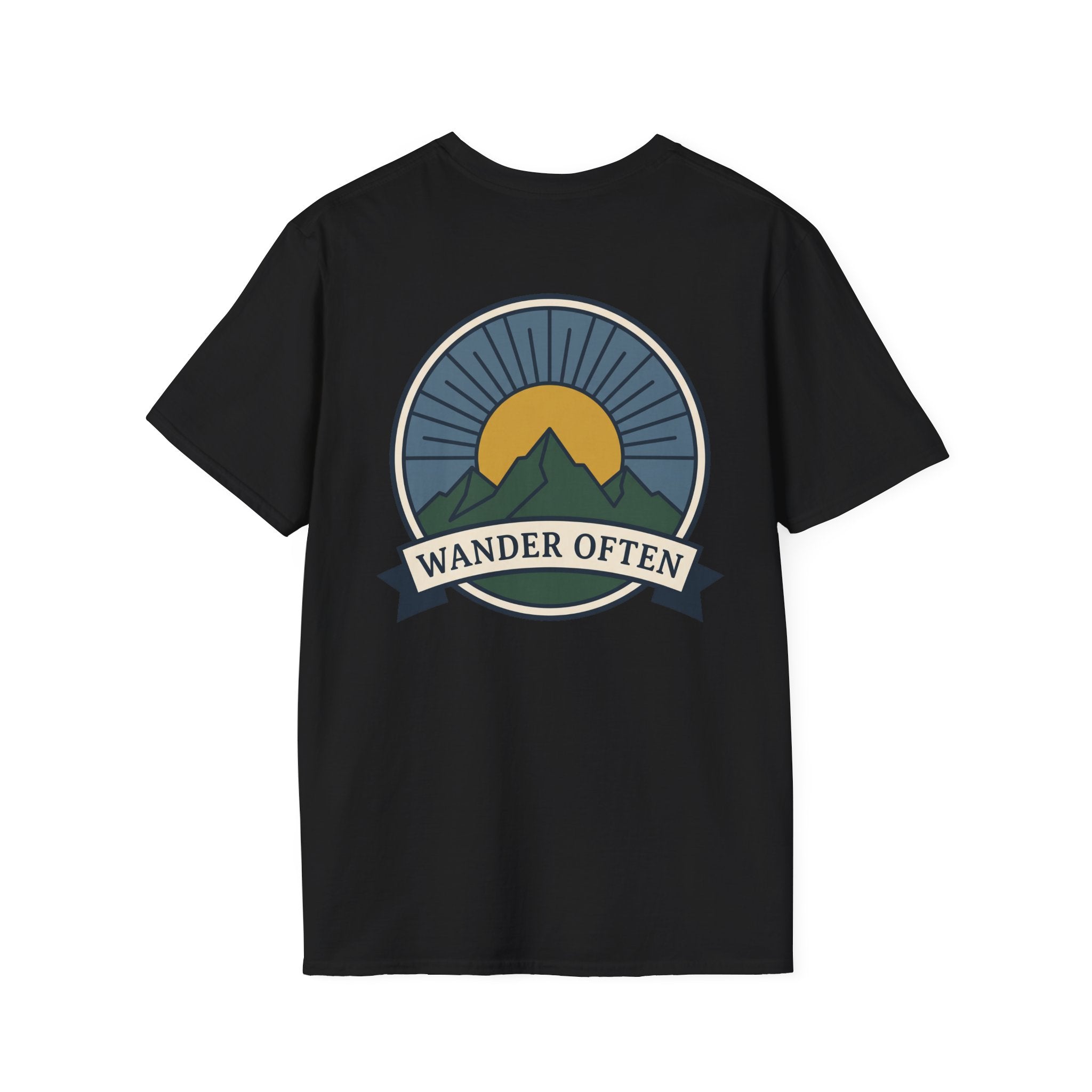 Black unisex T-shirt with Wander Often mountain badge graphic on chest.
