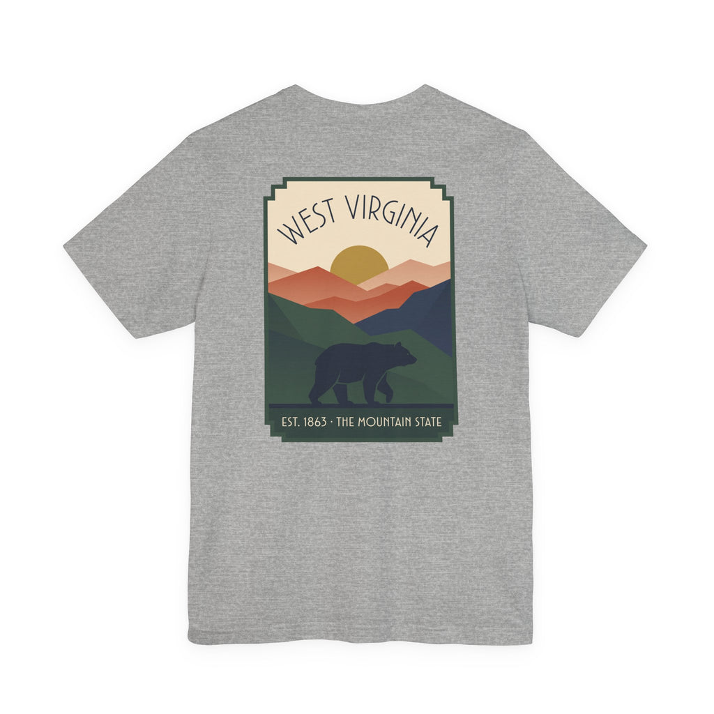 Heather grey T-shirt with West Virginia bear and mountain graphic on the front.