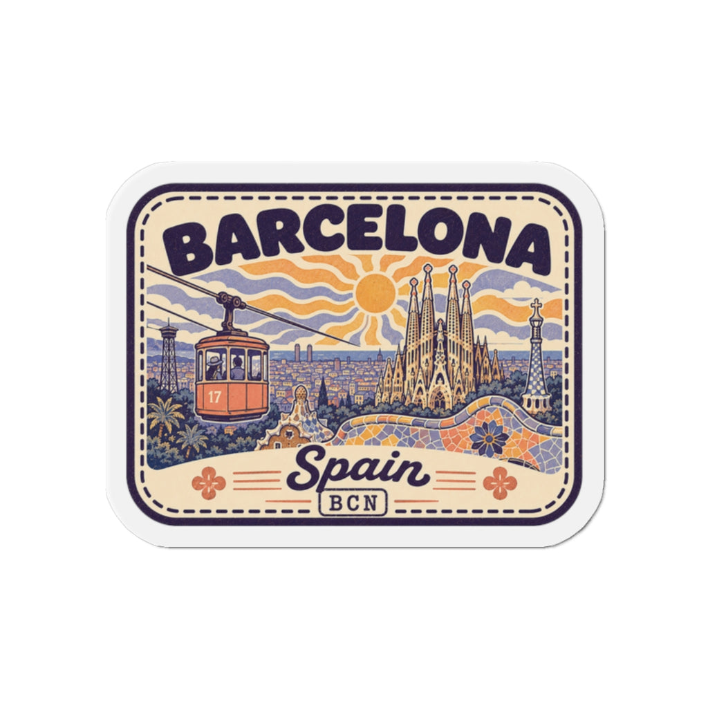 Die-cut Barcelona travel magnet with colorful cityscape, sun, and Sagrada Familia icon