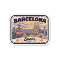 Die-cut Barcelona travel magnet with colorful cityscape, sun, and Sagrada Familia icon