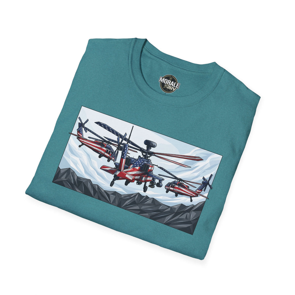 Teal T-shirt with red-and-white attack helicopters illustration graphic