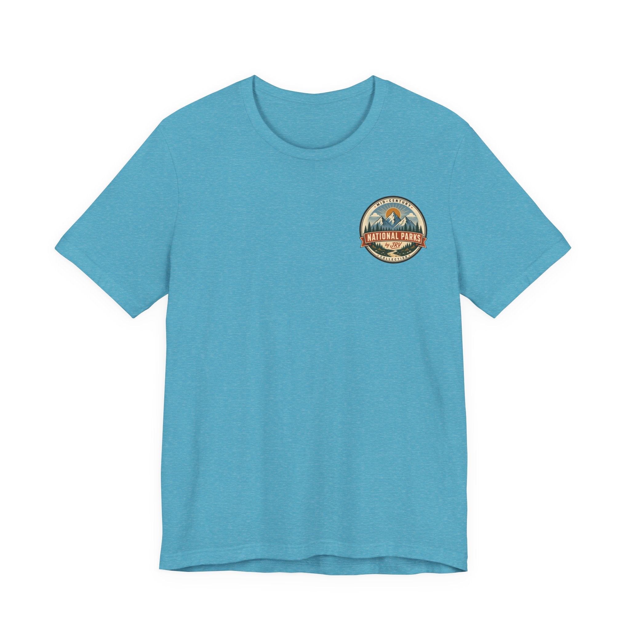 Aqua crewneck T-shirt with small round Zion National Park logo graphic