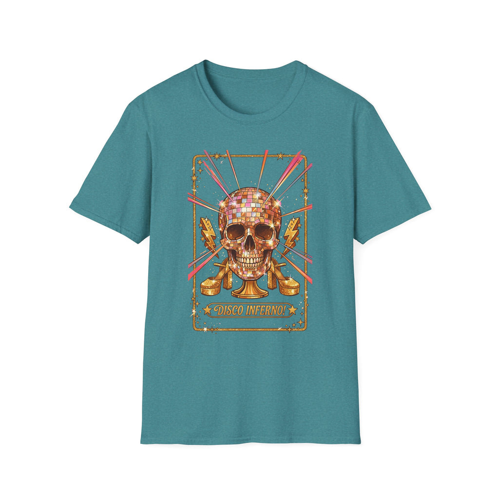 Disco Inferno Skull T-Shirt, teal—mirror ball skull graphic with colorful rays
