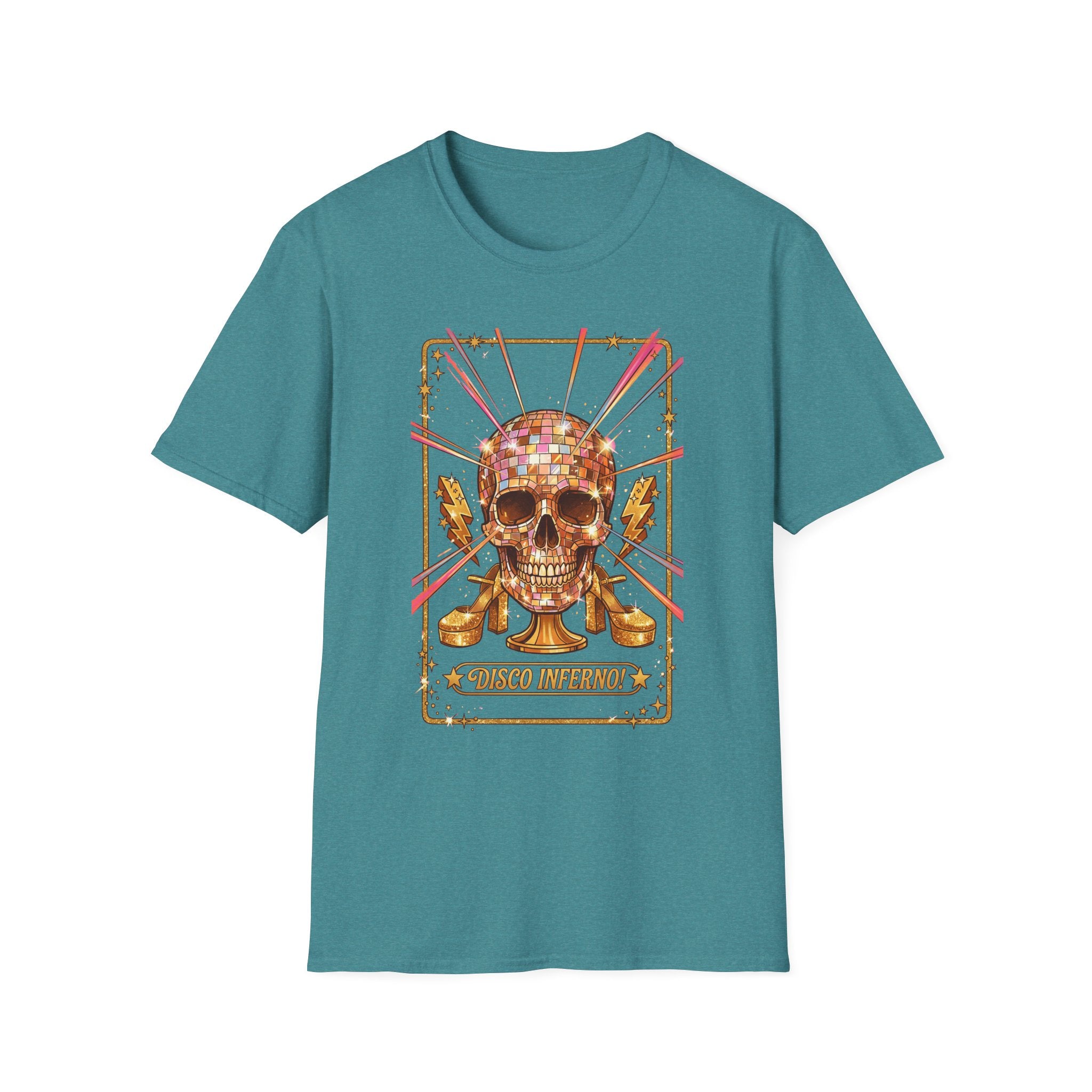 Disco Inferno Skull T-Shirt, teal—mirror ball skull graphic with colorful rays