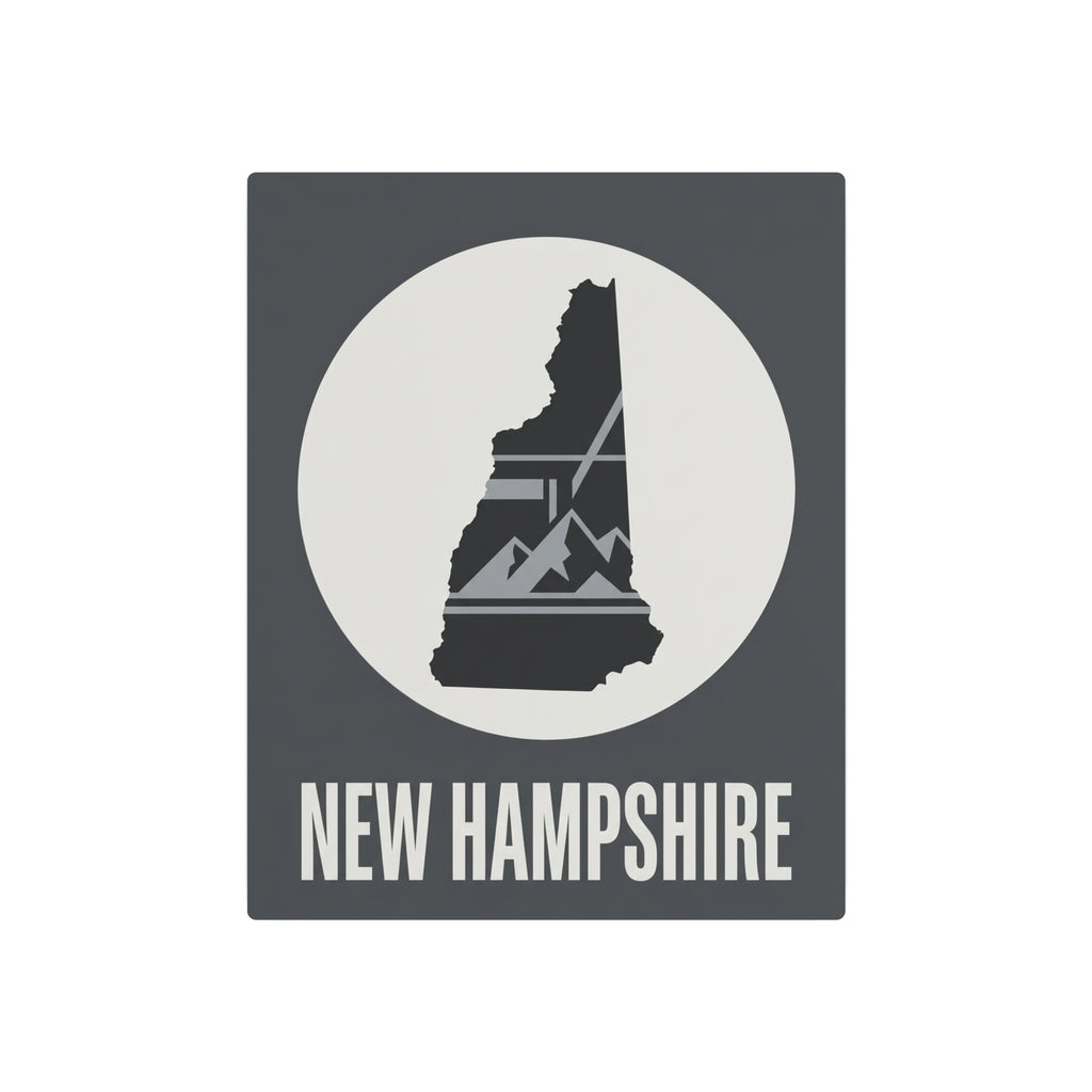 Metal wall art sign with New Hampshire silhouette inside a circle and "NEW HAMPSHIRE" text