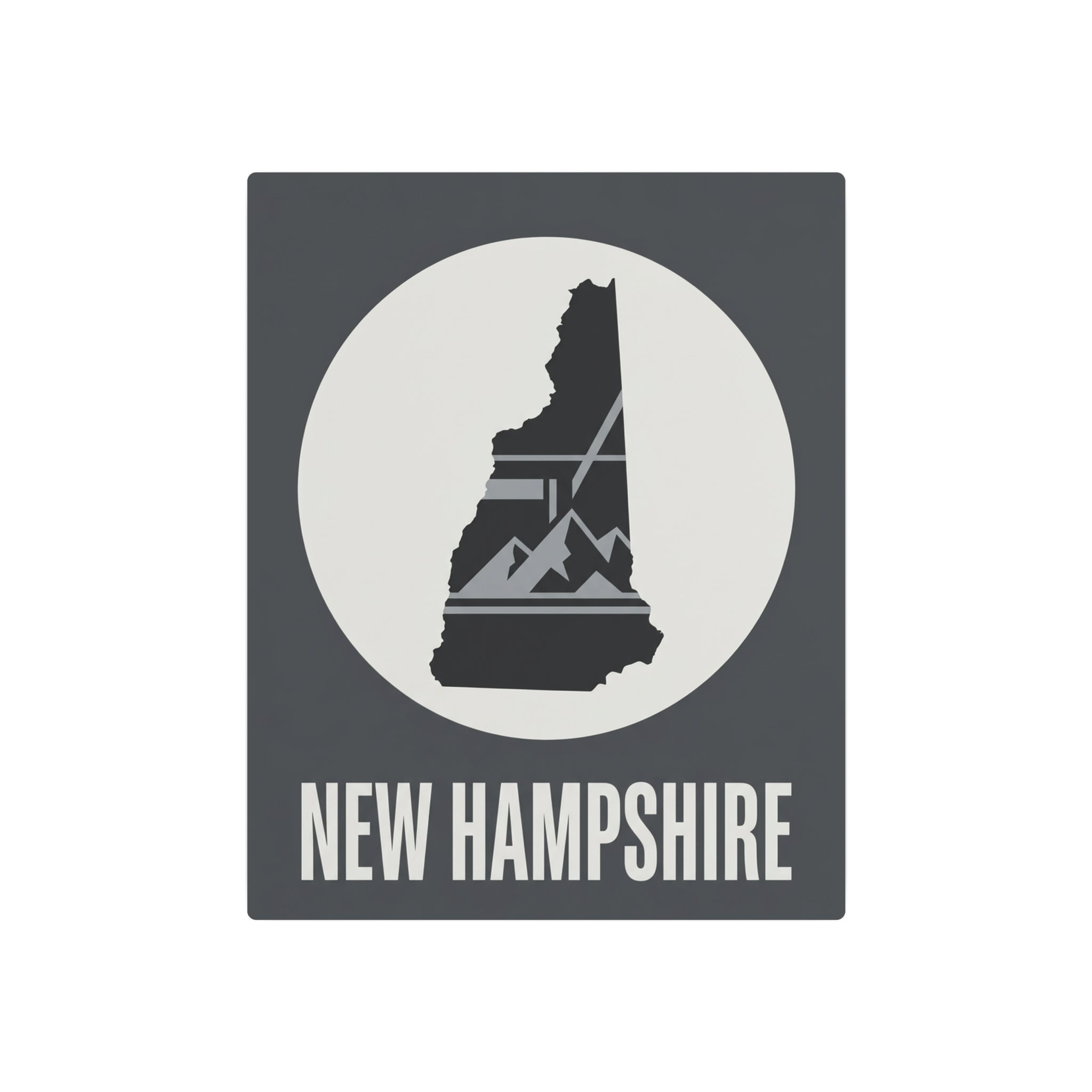 Metal wall art sign with New Hampshire silhouette inside a circle and "NEW HAMPSHIRE" text