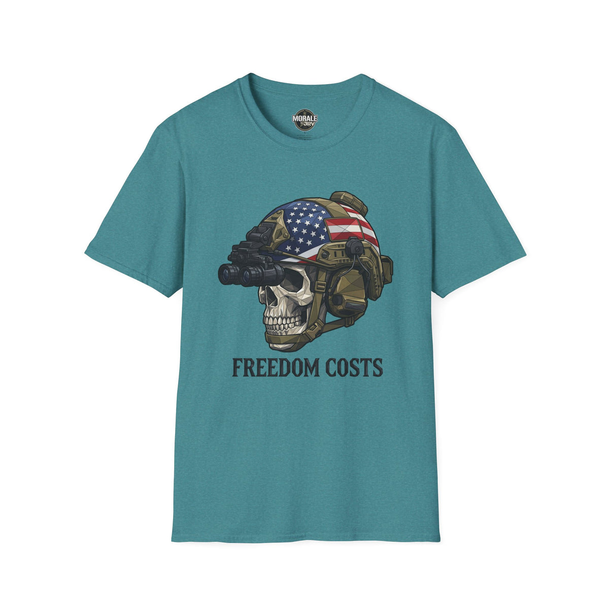 Teal crewneck T-shirt with skull soldier American flag graphic, 'Freedom Costs' print