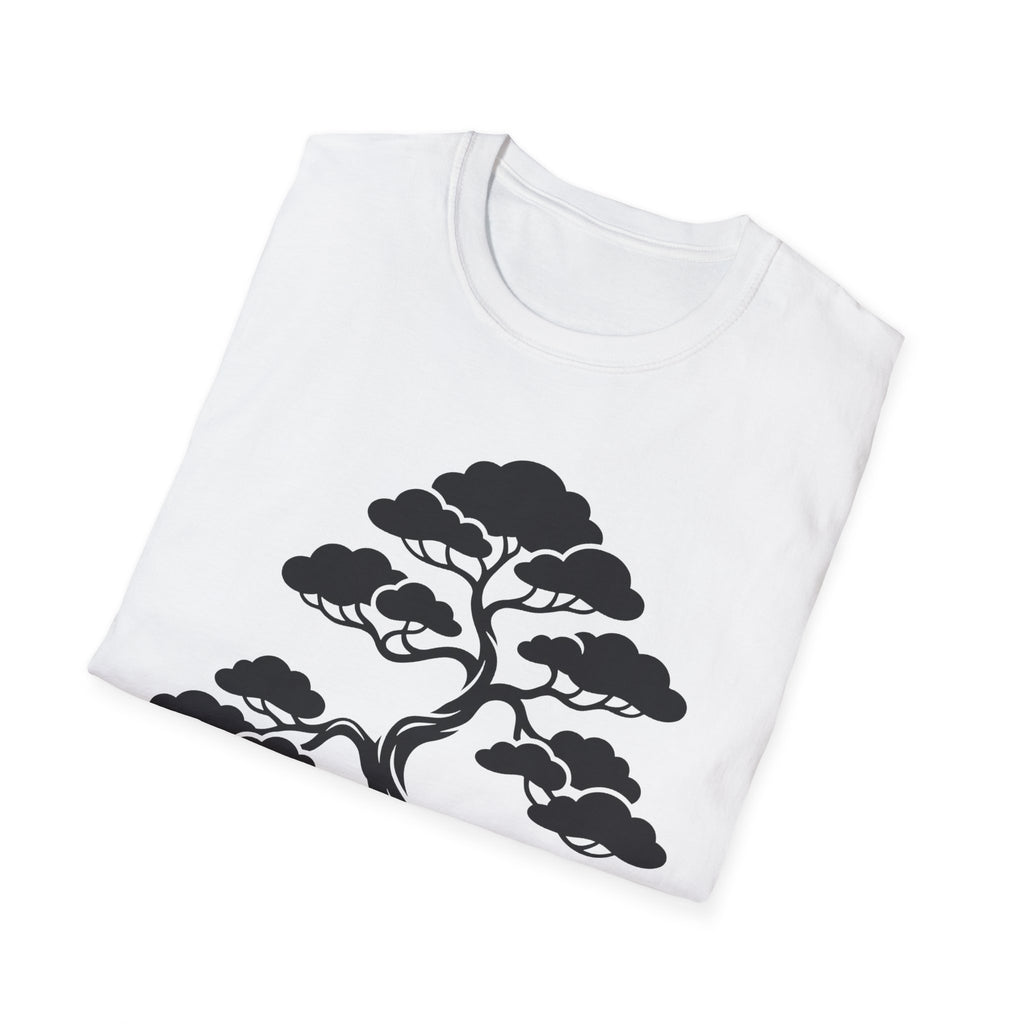 White T-shirt folded, black bonsai tree graphic centered on chest