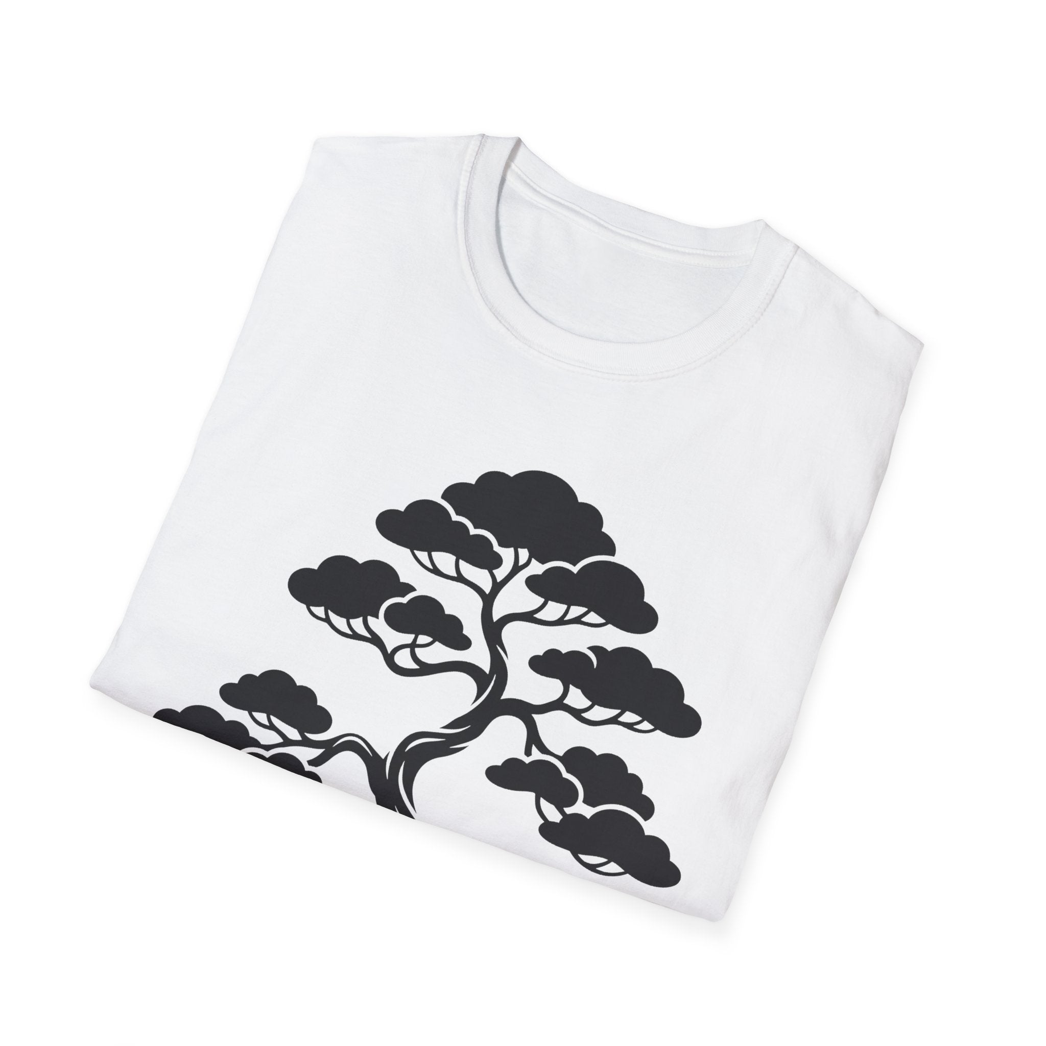 White T-shirt folded, black bonsai tree graphic centered on chest