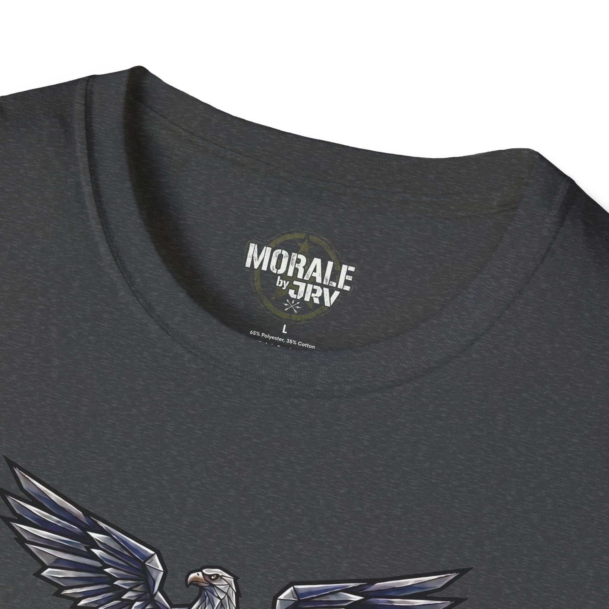 Dark heather gray T-shirt neckline with “MORALE by TRI” label