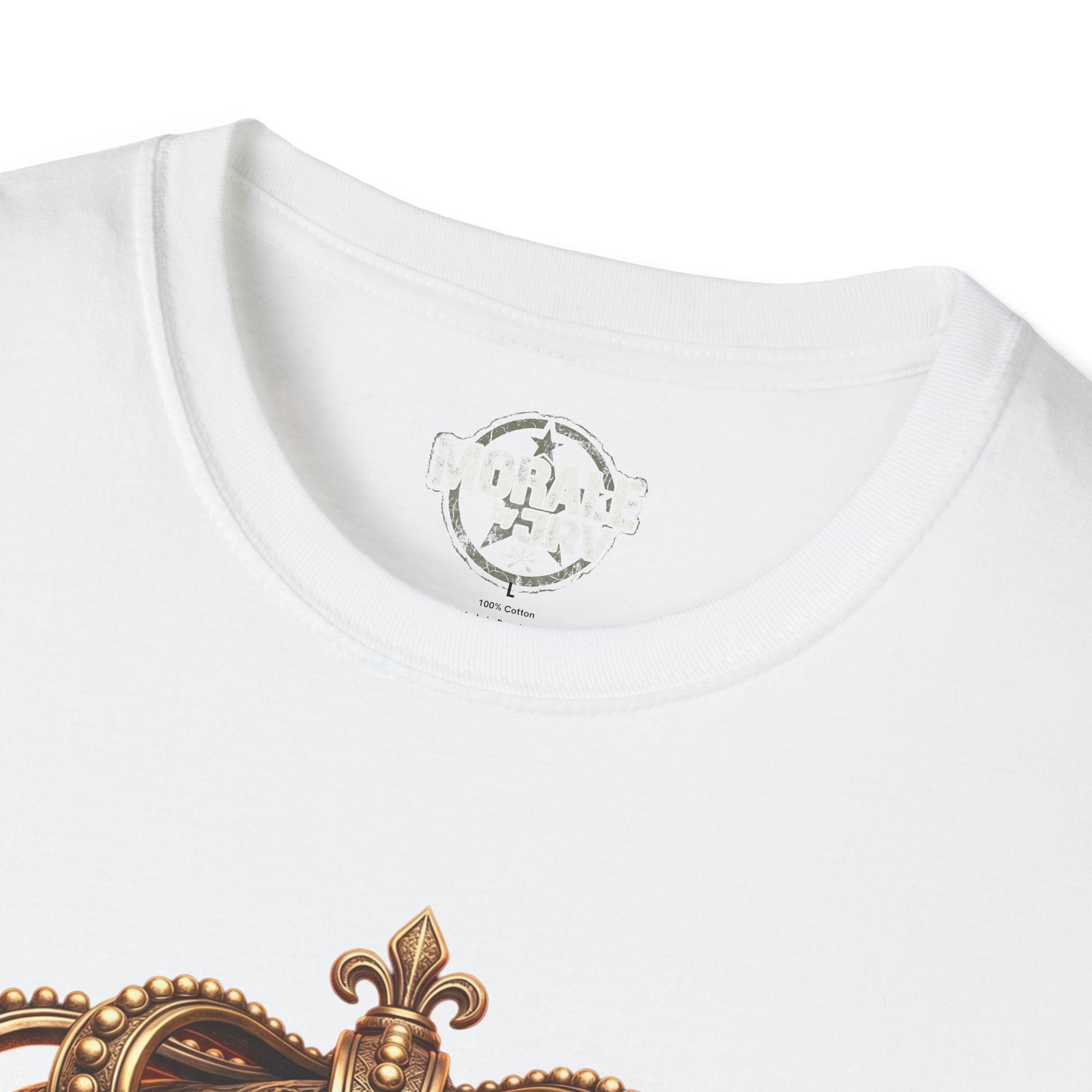 White T-shirt neckline with small circular brand logo