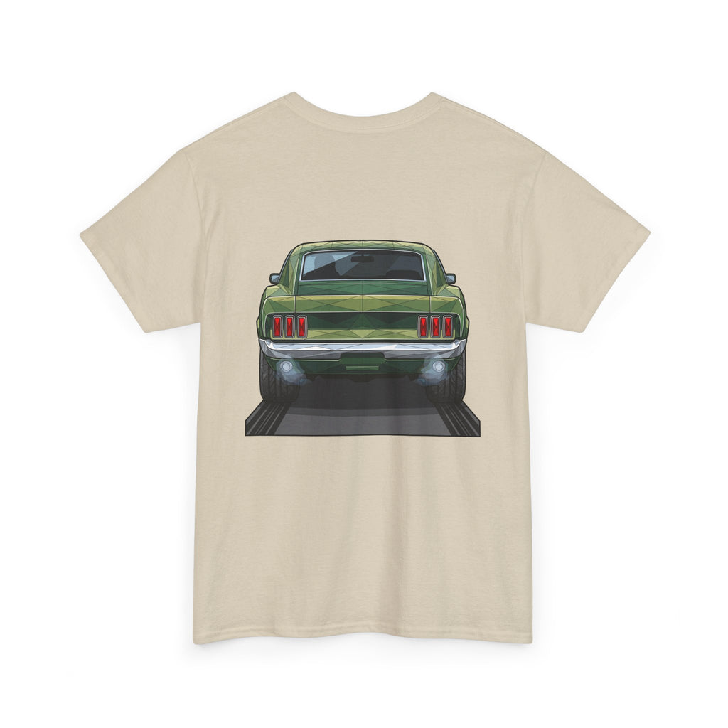 Sand crew-neck t-shirt with vintage green muscle car rear illustration