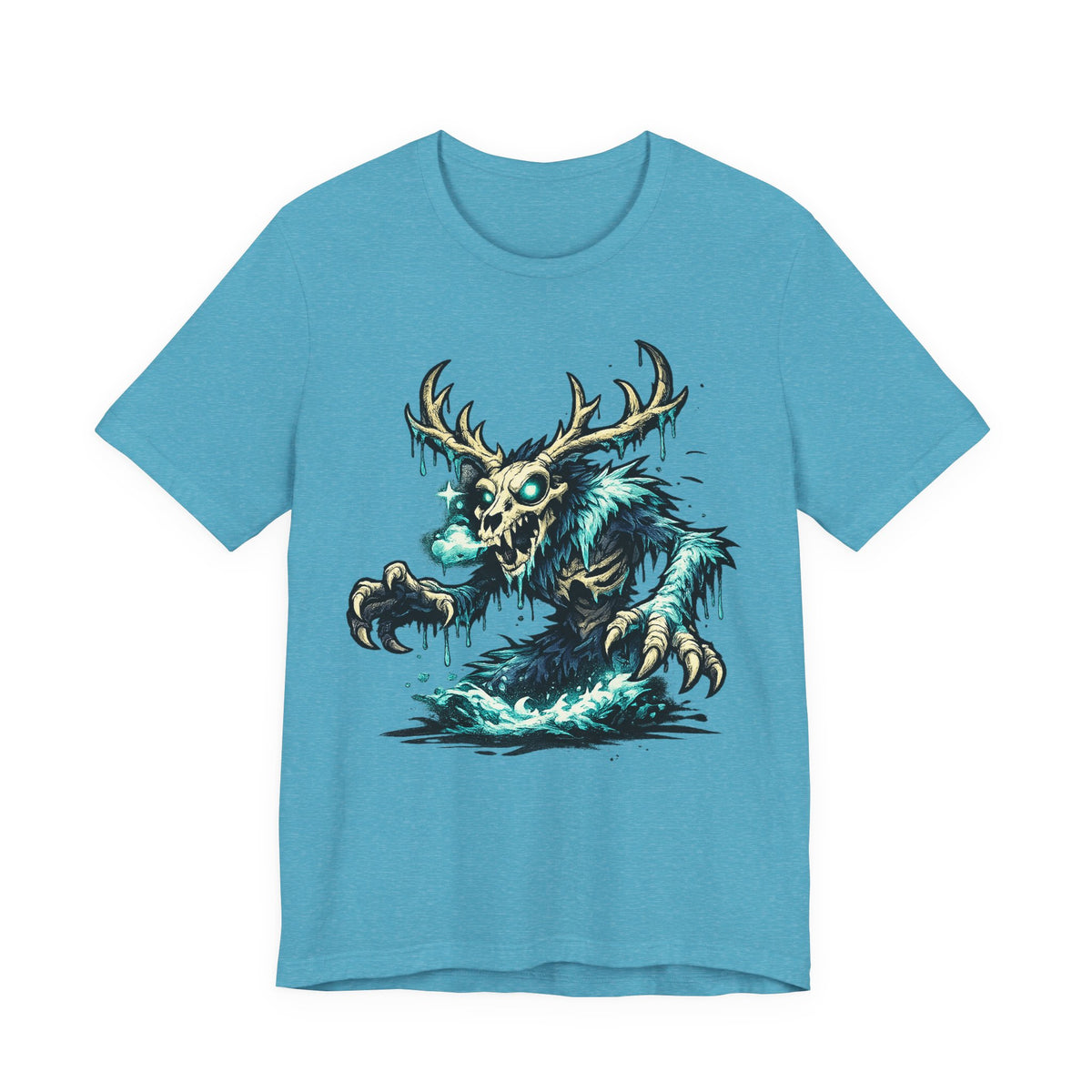 Light blue crewneck t-shirt with teal glow deer skull monster graphic