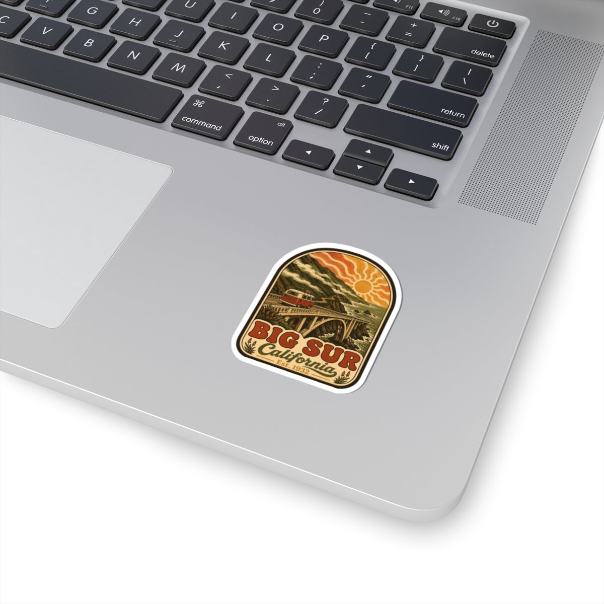 Vintage Big Sur California kiss-cut sticker with orange sunset and retro camper van graphic