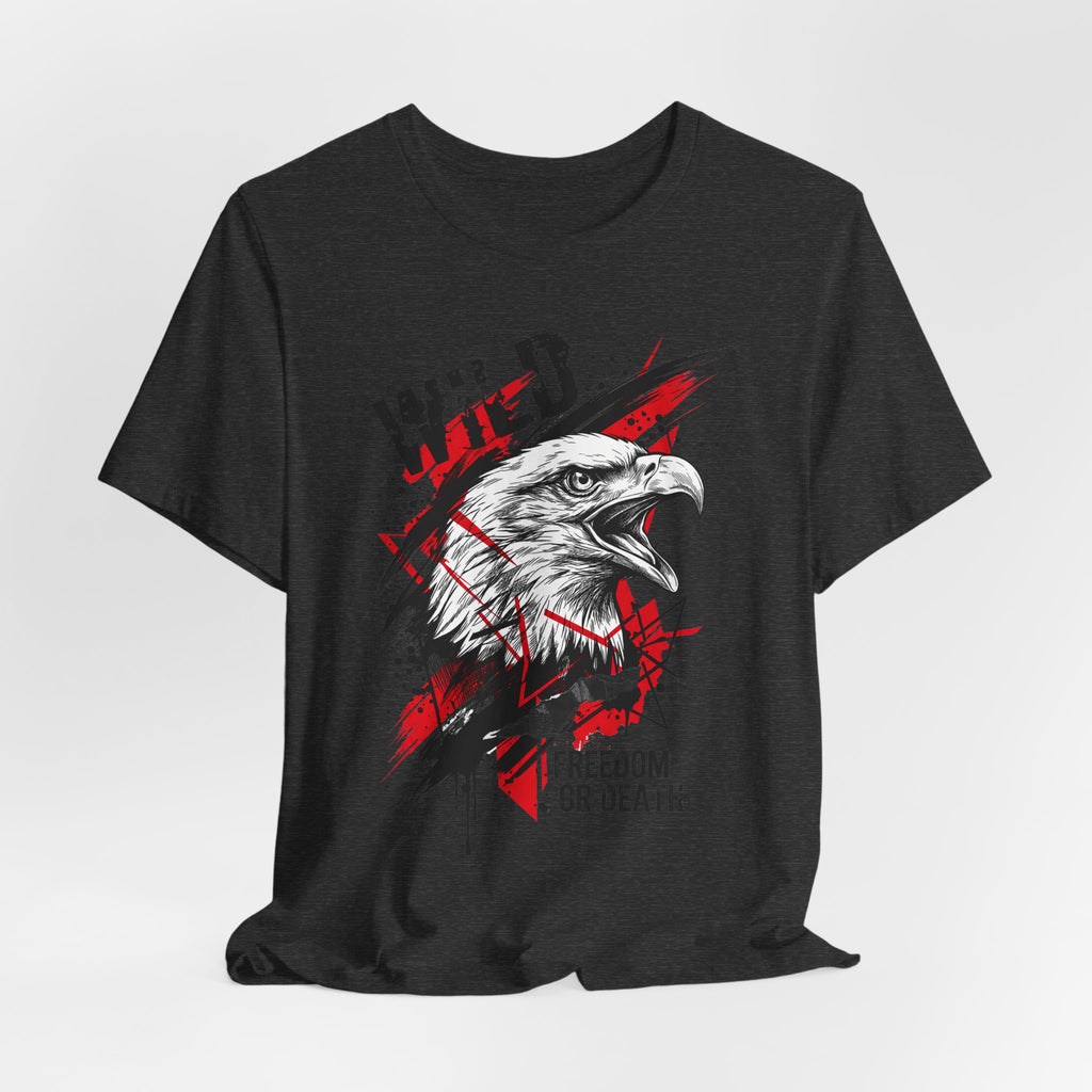 Dark gray crew-neck t-shirt featuring a white eagle head with red splatter and text.