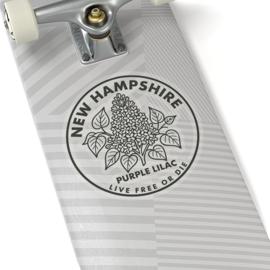 Circular New Hampshire purple lilac state flower sticker with black text and botanical line art