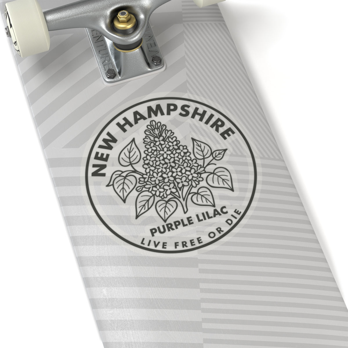 Circular New Hampshire purple lilac state flower sticker with black text and botanical line art