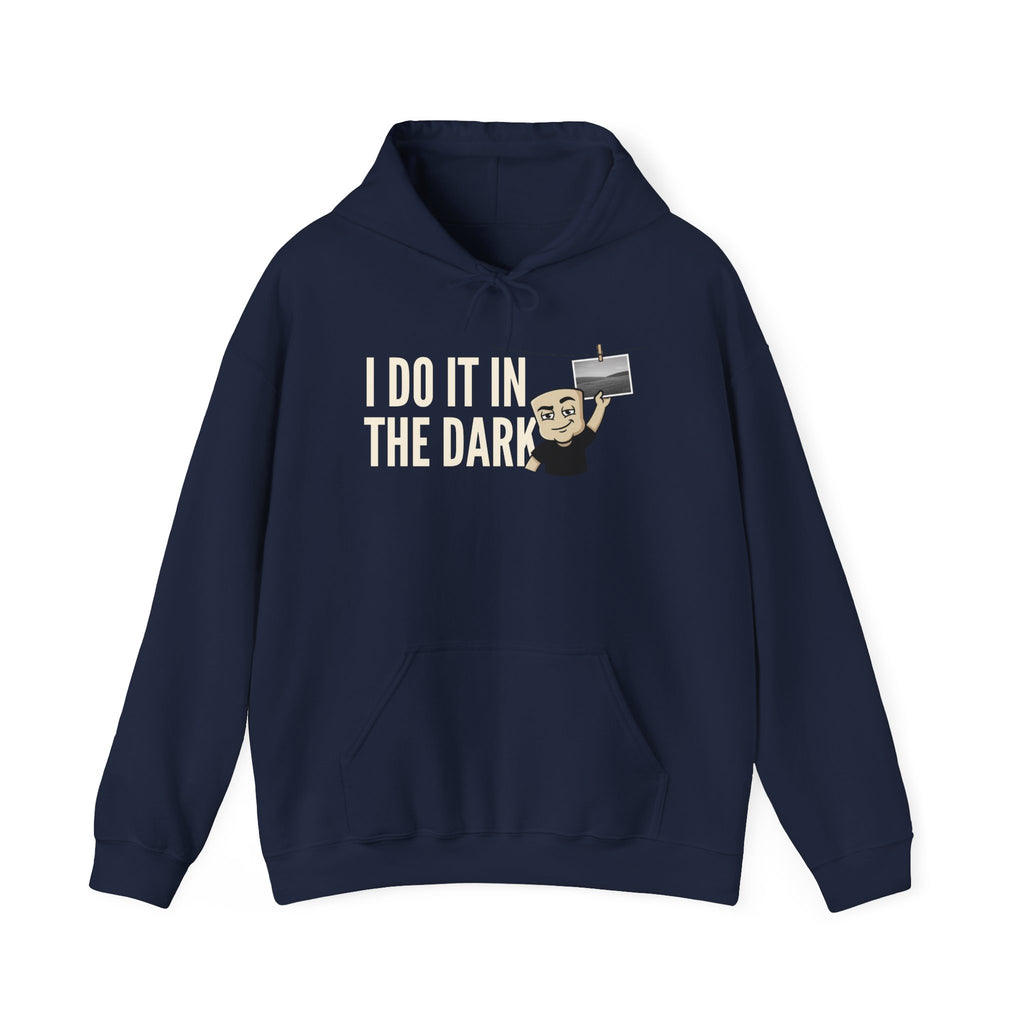 Navy hoodie with front pocket and drawstring, 'I DO IT IN THE DARK' graphic