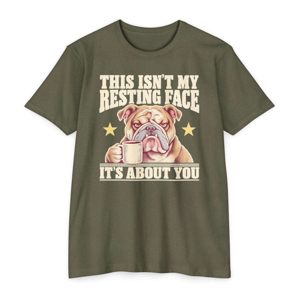 Olive green short-sleeve T-shirt with grumpy bulldog holding a coffee mug graphic