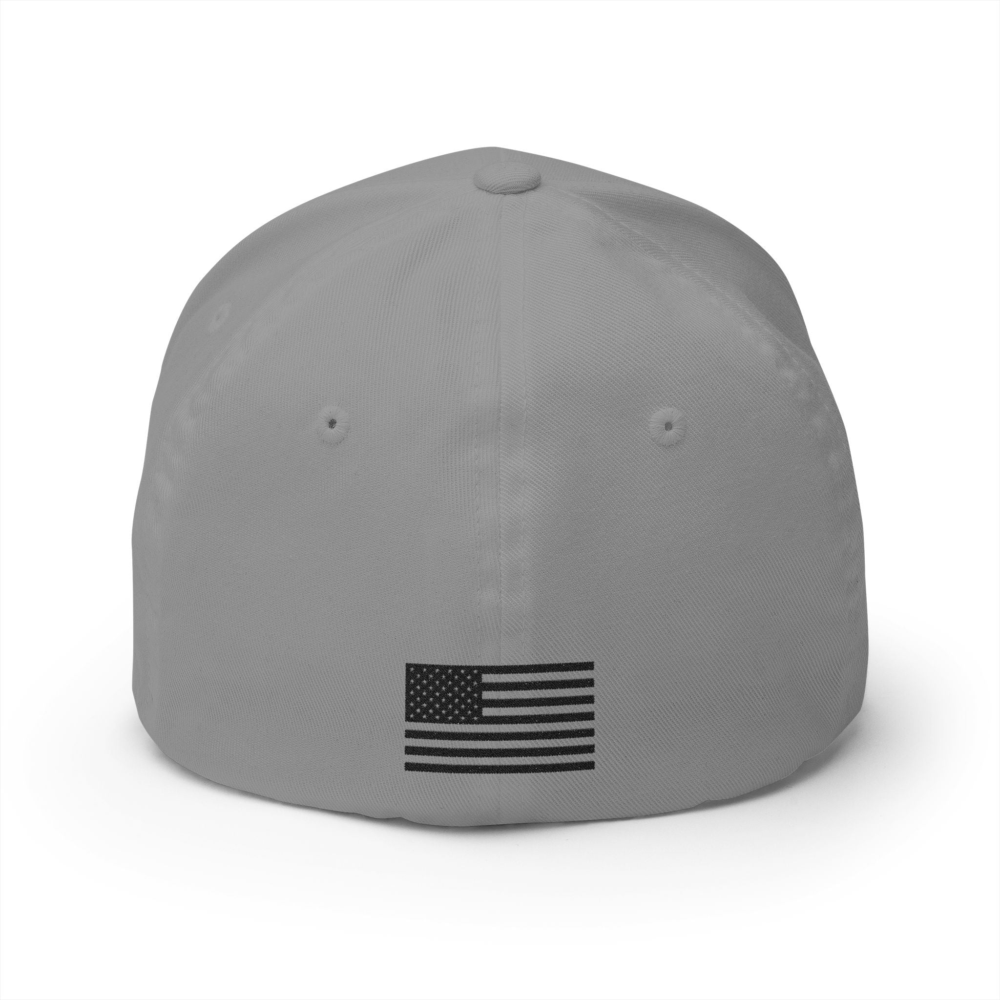 Dark grey embroidered baseball cap with American flag emblem on front