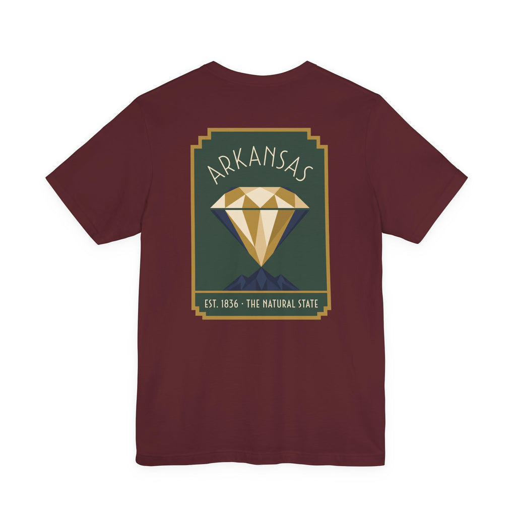 Maroon T-shirt with large square diamond state graphic on chest