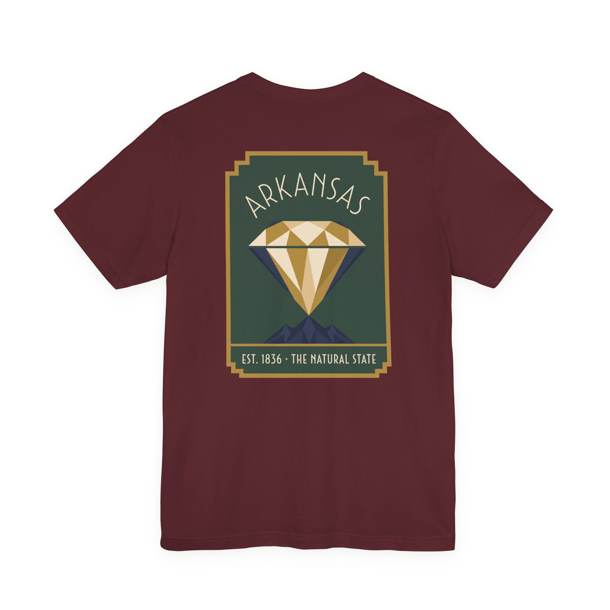 Maroon T-shirt with large square diamond state graphic on chest