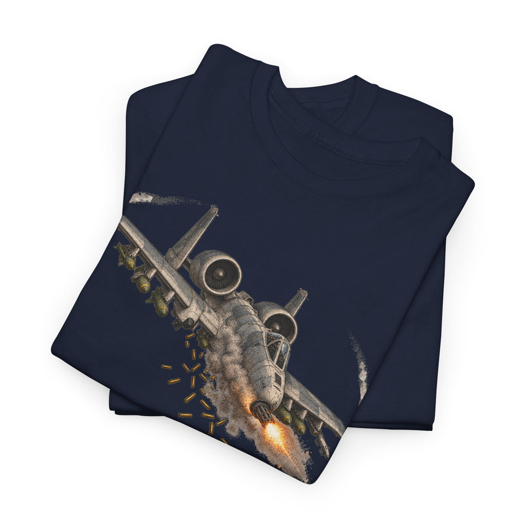 Navy T-shirt with diagonal distressed jet graphic and small sparks on front