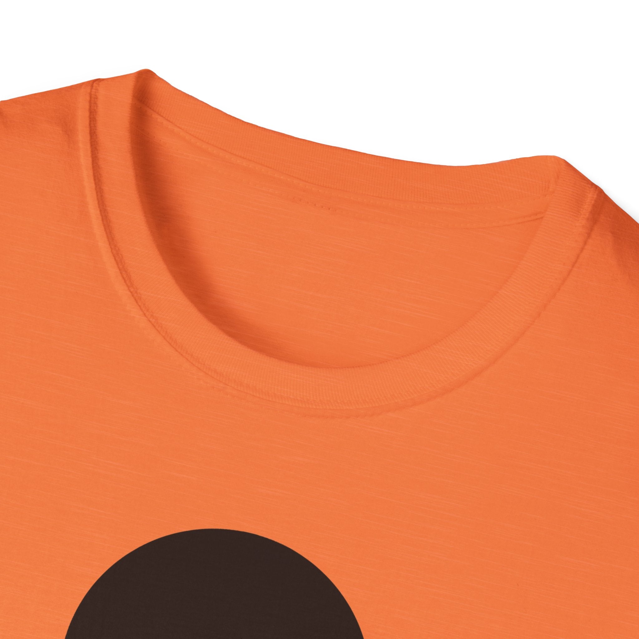 Orange T-shirt neckline close-up, smooth collar and sleeve seam