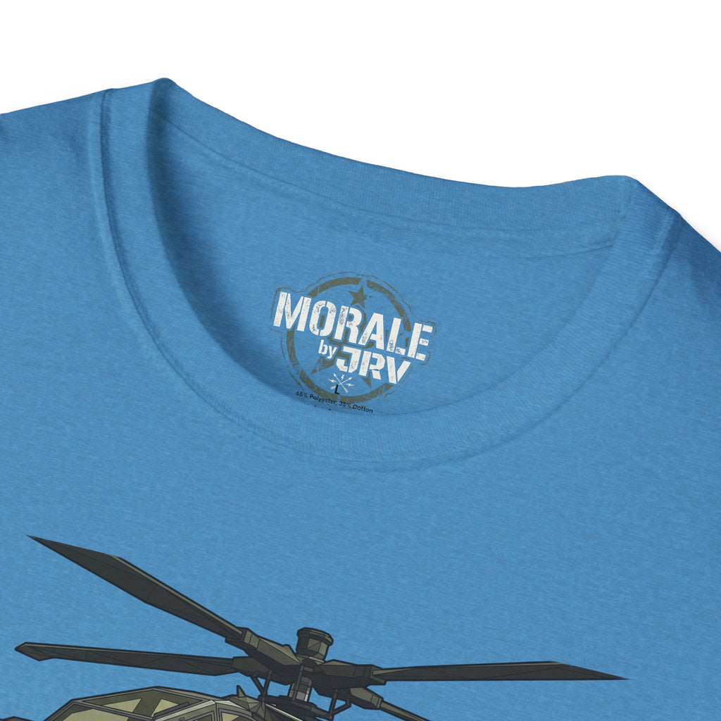 AH-64 Apache T-Shirt close-up: “MORALE by TRX” neck print and helicopter graphic.
