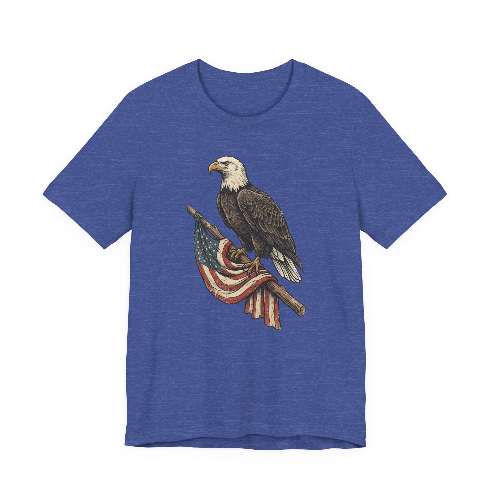 Royal blue crewneck t-shirt with vintage bald eagle graphic holding American flag