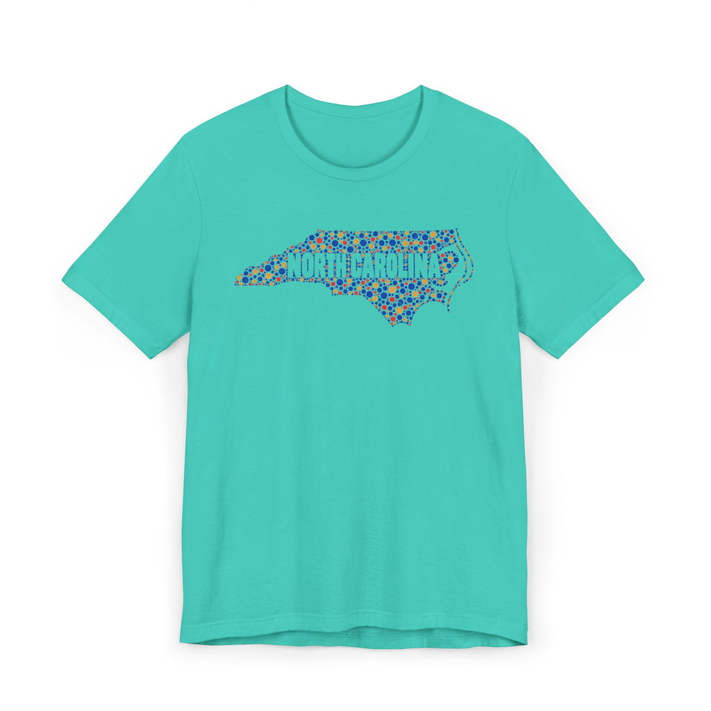 Turquoise T-shirt with colorful North Carolina floral map outline graphic on chest