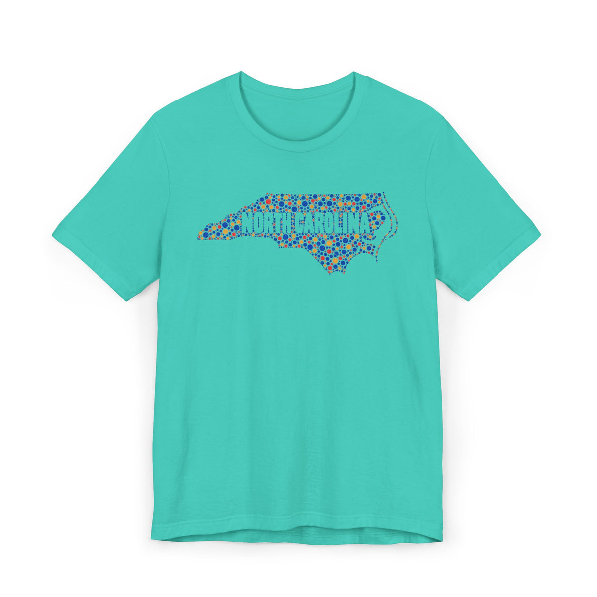 Turquoise T-shirt with colorful North Carolina floral map outline graphic on chest