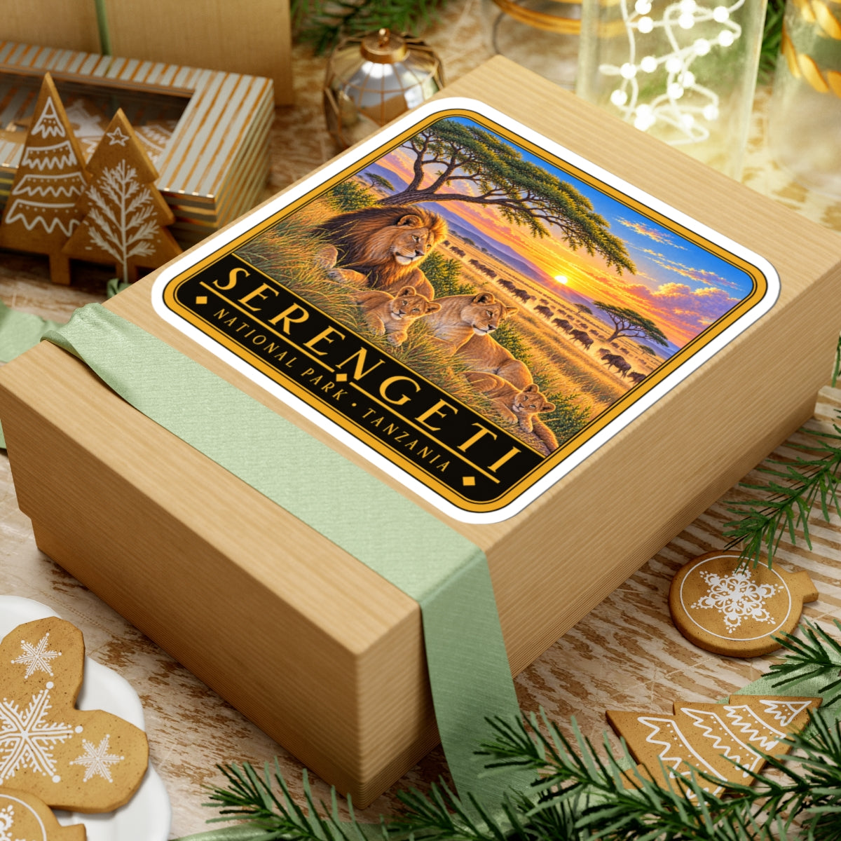 Kiss-cut vinyl decal on gift box: Serengeti lion pride at sunset, decorative black border