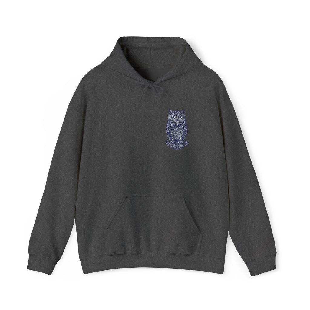 Charcoal unisex hoodie with blue owl chest print and front pouch pocket