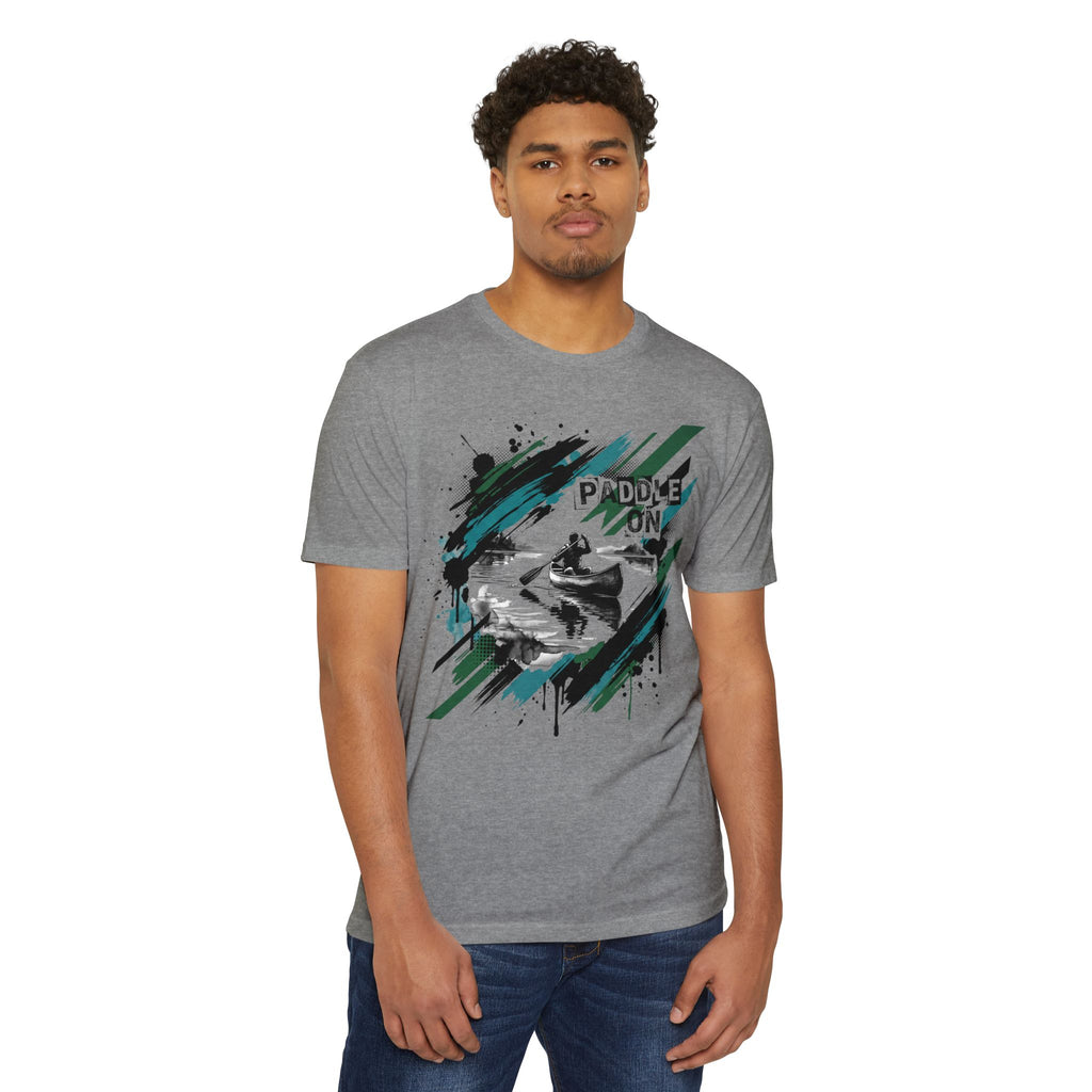 Gray unisex T-shirt with kayaking graphic and paddle-on text